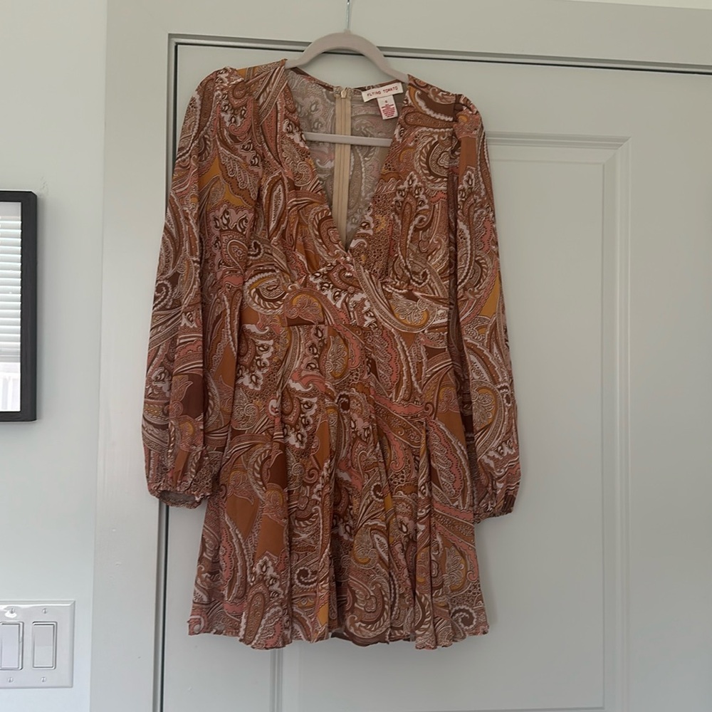 Brown pink tangerine paisley short dress with buttons and puff sleeves
